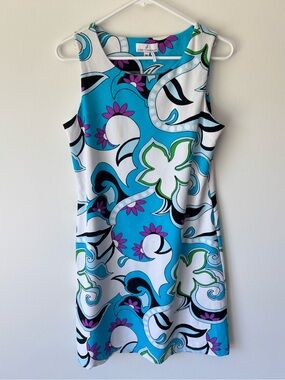 Jude Connally Sleeveless Sheath Mini Dress Blue White Purple Abstract Floral
